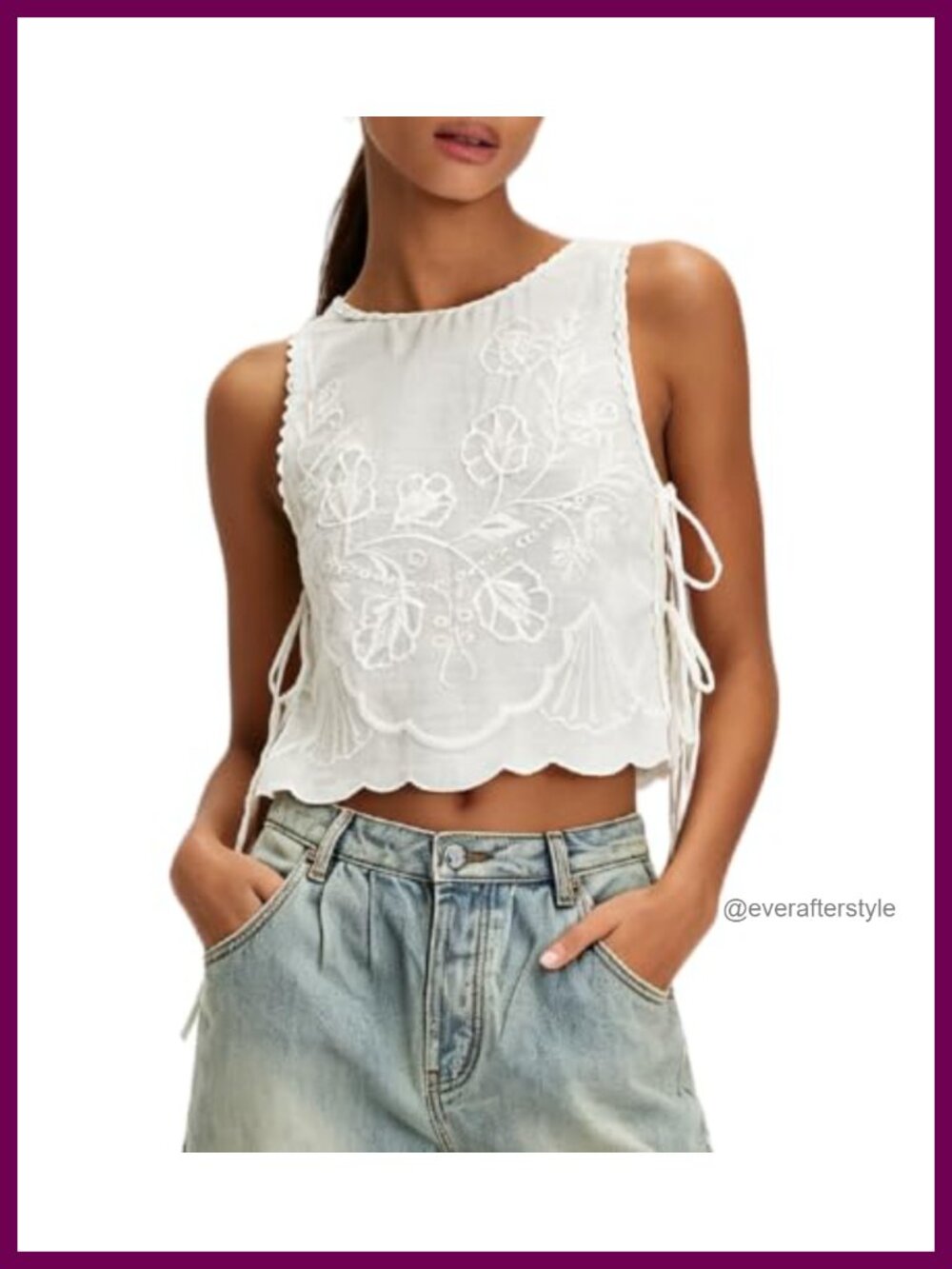 Women Tie Up Crop Tank Top Floral Embroidered Square Neck Summer Vest